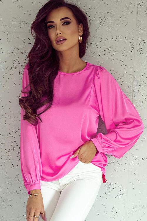 Round Neck Ruff Sleeve Blouse Hot Pink Blouses - Tophatter Daily Deals