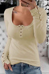 Button Front Scoop Neck Top Beige Blouses - Tophatter Daily Deals