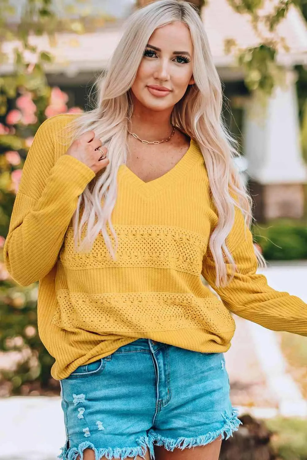 Ribbed Lace Trim V-Neck Top Blouses - Tophatter Daily Deals