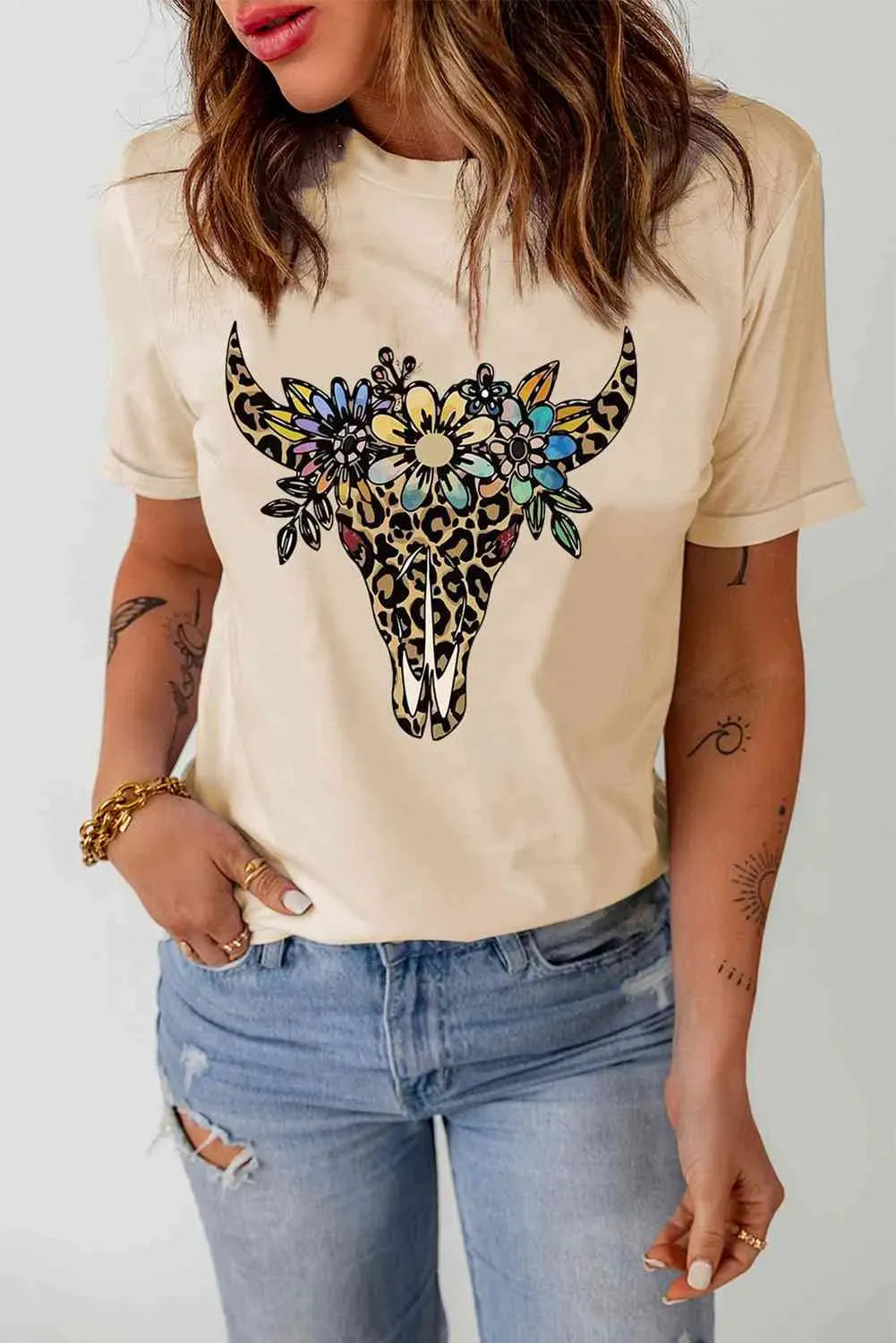 Graphic Cuffed Short Sleeve Crewneck Tee Women's T-Shirts - Tophatter Daily Deals