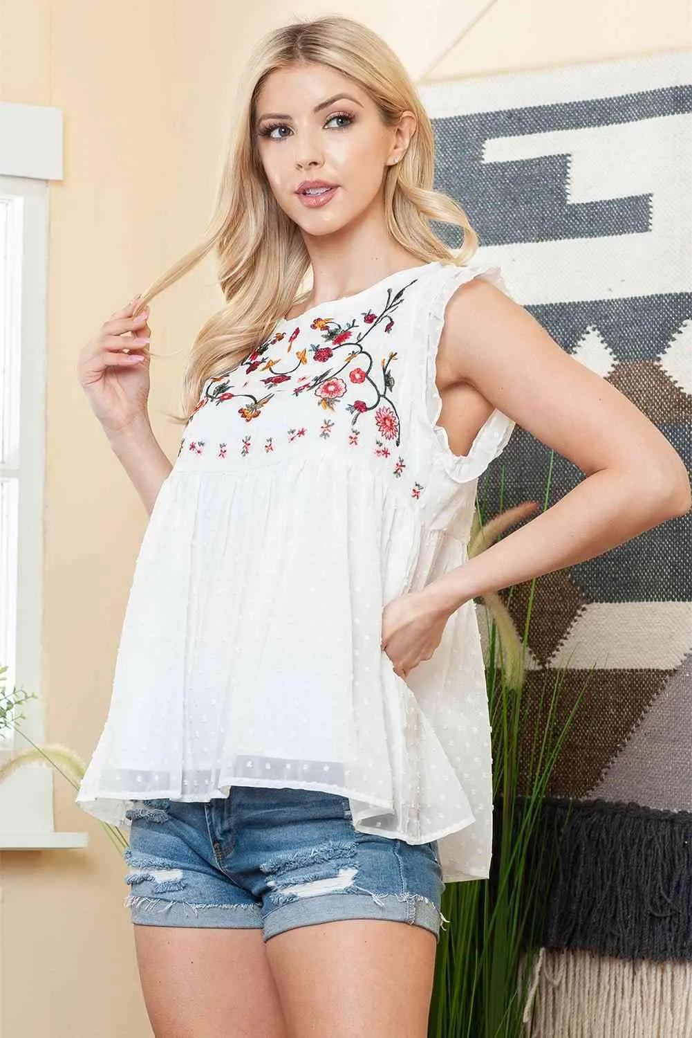 Floral Embroidered Swiss Dot Babydoll Blouse Blouses - Tophatter Daily Deals