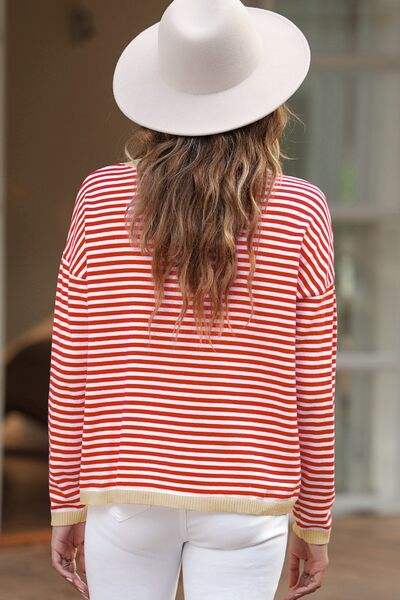 Striped Round Neck Drop Shoulder T-Shirt Blouses - Tophatter Daily Deals