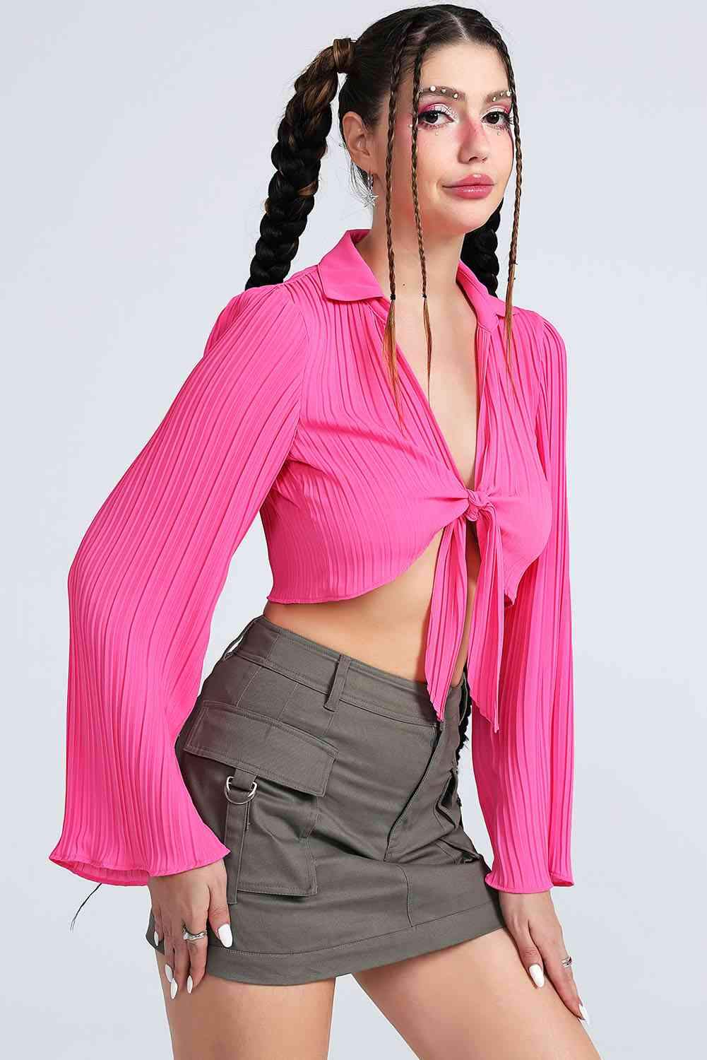 Tie Front Johnny Collar Flare Sleeve Cropped Top Blouses - Tophatter Daily Deals