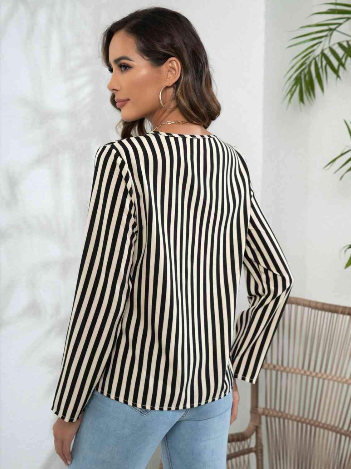 Striped Long Sleeve Notched Blouse Blouses - Tophatter Daily Deals