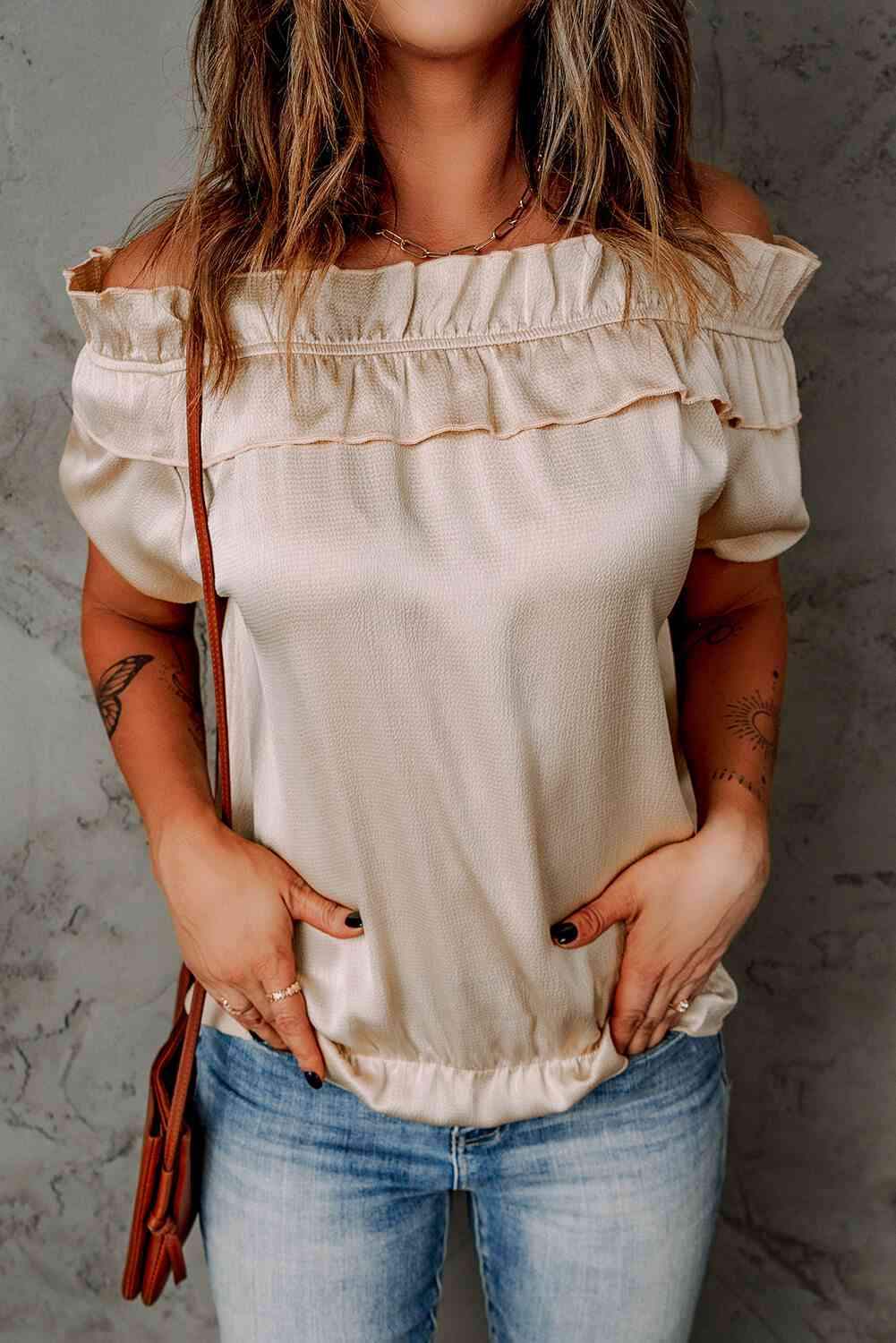 Ruffled Off-Shoulder Short Sleeve Top Blouses - Tophatter Daily Deals