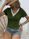 Lace Trim V-Neck Short Sleeve Blouse Army Green Women's T-Shirts - Tophatter Daily Deals