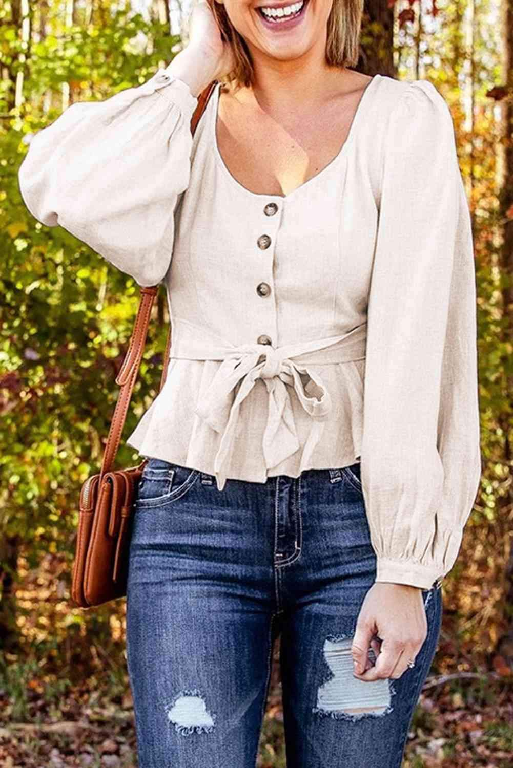 Tie Waist Lantern Sleeve Peplum Top Blouses - Tophatter Daily Deals