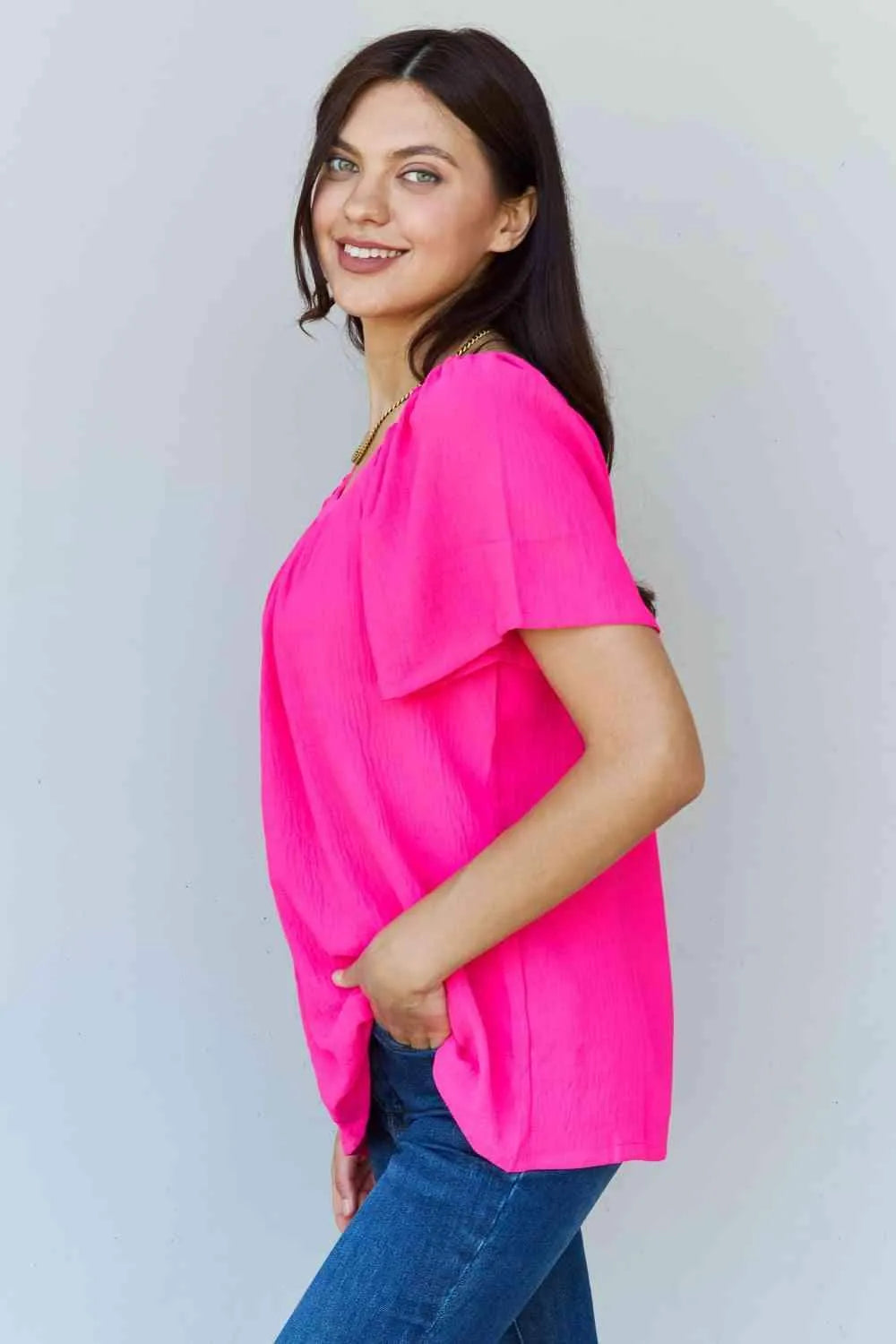 Ninexis Keep Me Close Square Neck Short Sleeve Blouse in Fuchsia Blouses - Tophatter Daily Deals