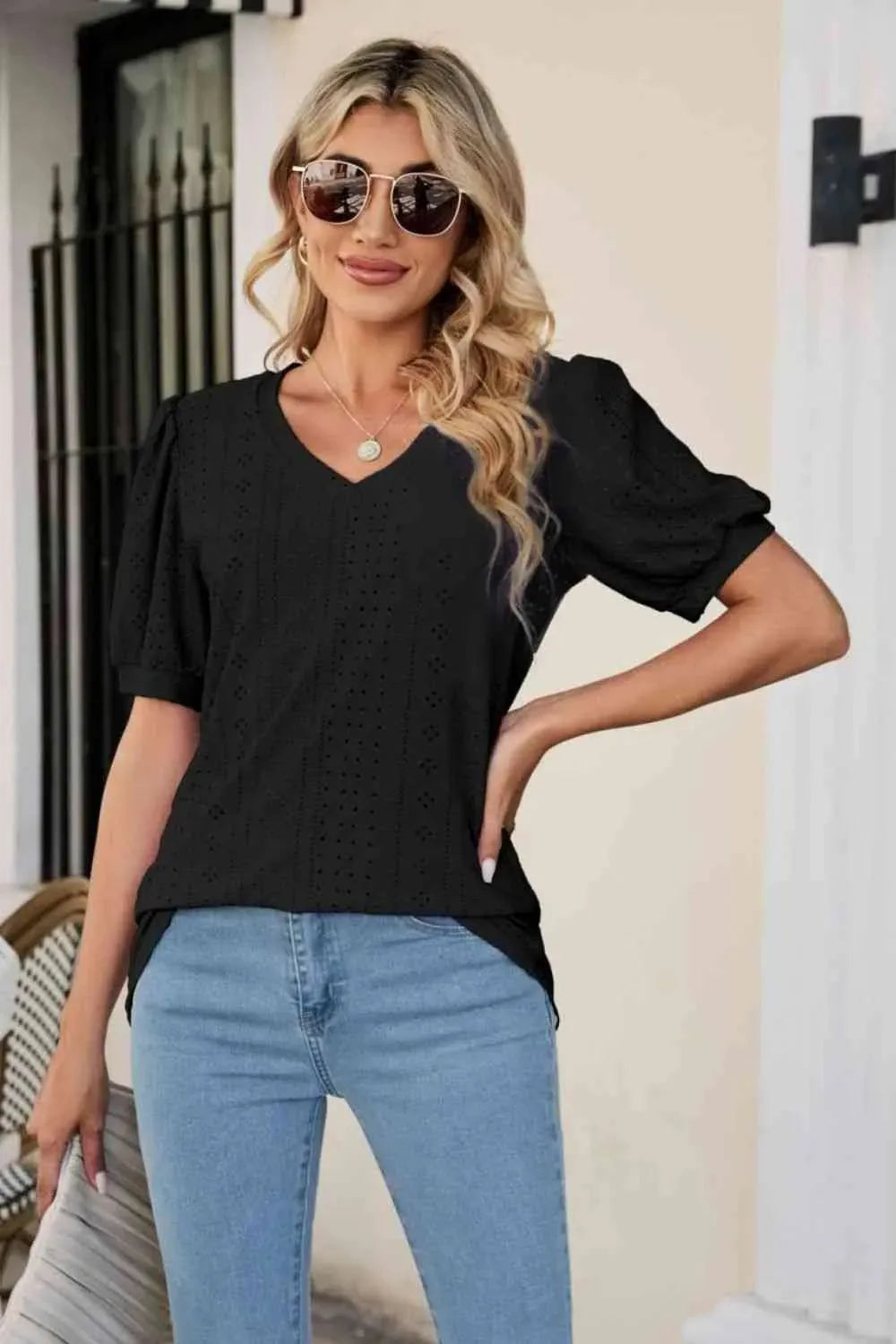 Eyelet Puff Sleeve V-Neck Top Black Blouses - Tophatter Daily Deals
