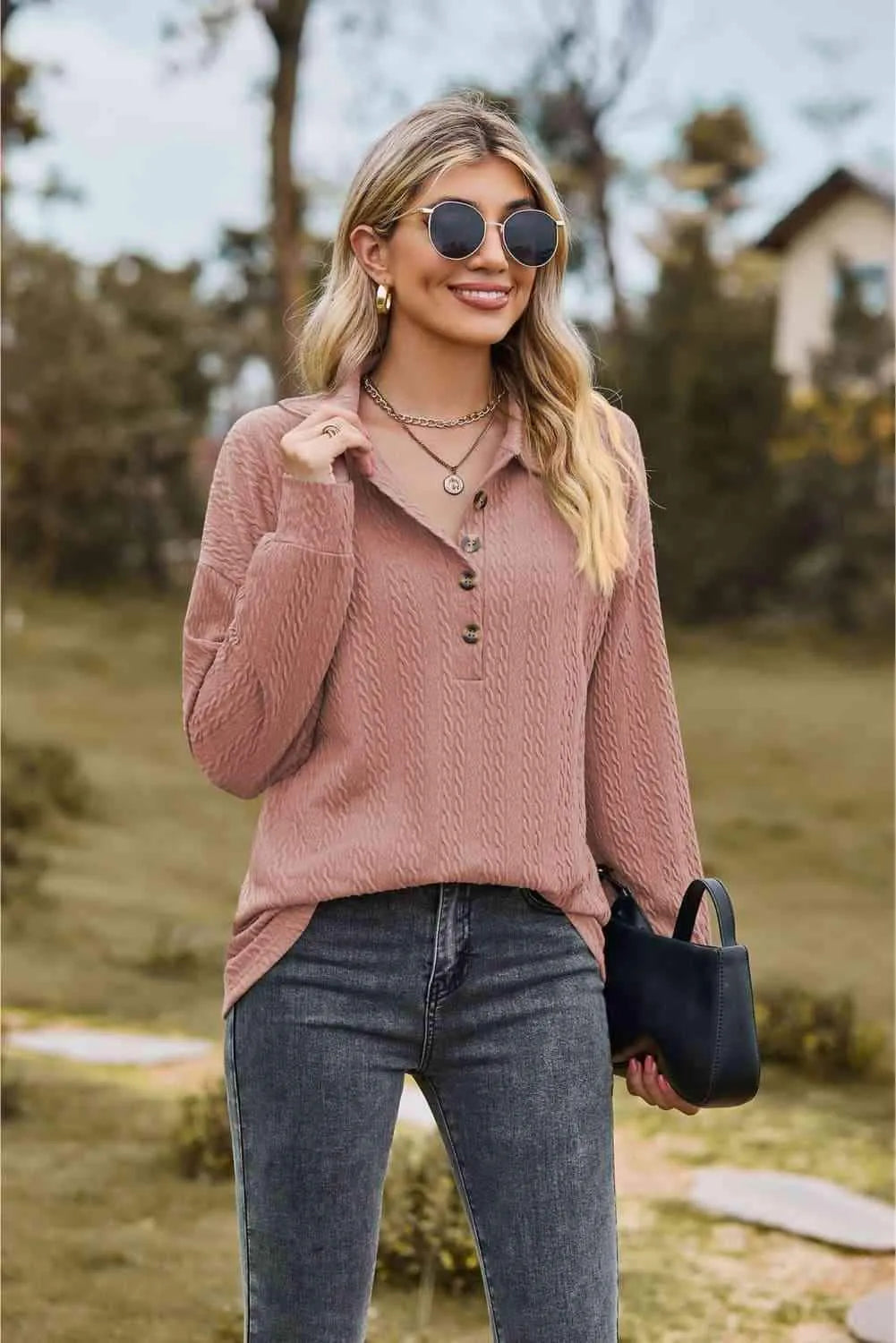 Collared Neck Long Sleeve Blouse Blouses - Tophatter Daily Deals