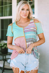 Patchwork Round Neck Cold Shoulder T-Shirt Mint Green Women's T-Shirts - Tophatter Daily Deals