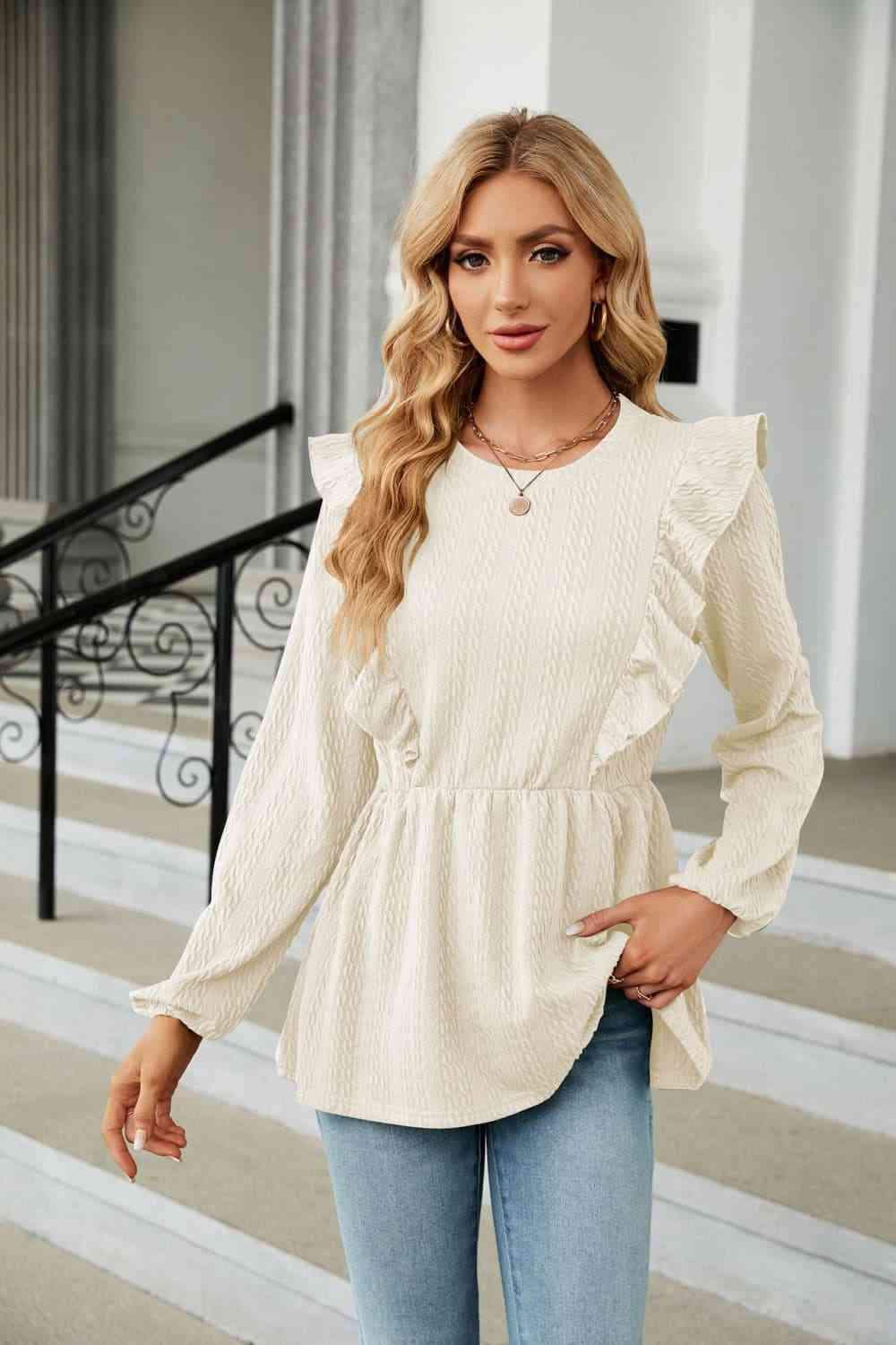 Round Neck Ruffled Peplum Blouse Ivory Blouses - Tophatter Daily Deals