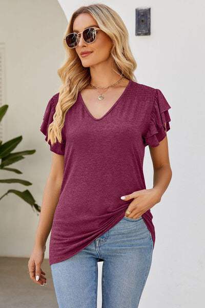 Ruffled V-Neck Flutter Sleeve T-Shirt Cerise Women's T-Shirts - Tophatter Daily Deals