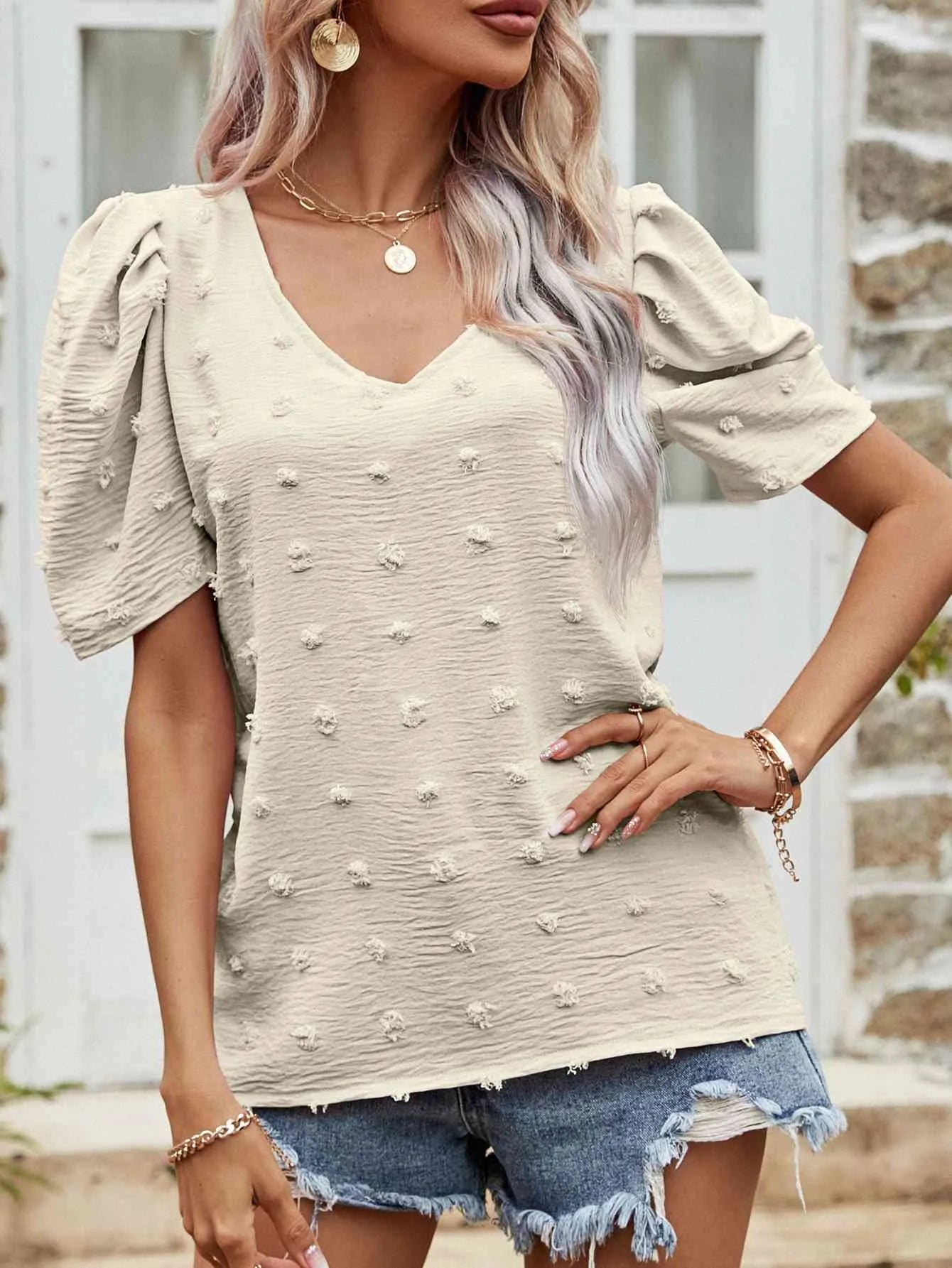 Swiss Dot Short Puff Sleeve Top Beige Blouses - Tophatter Daily Deals