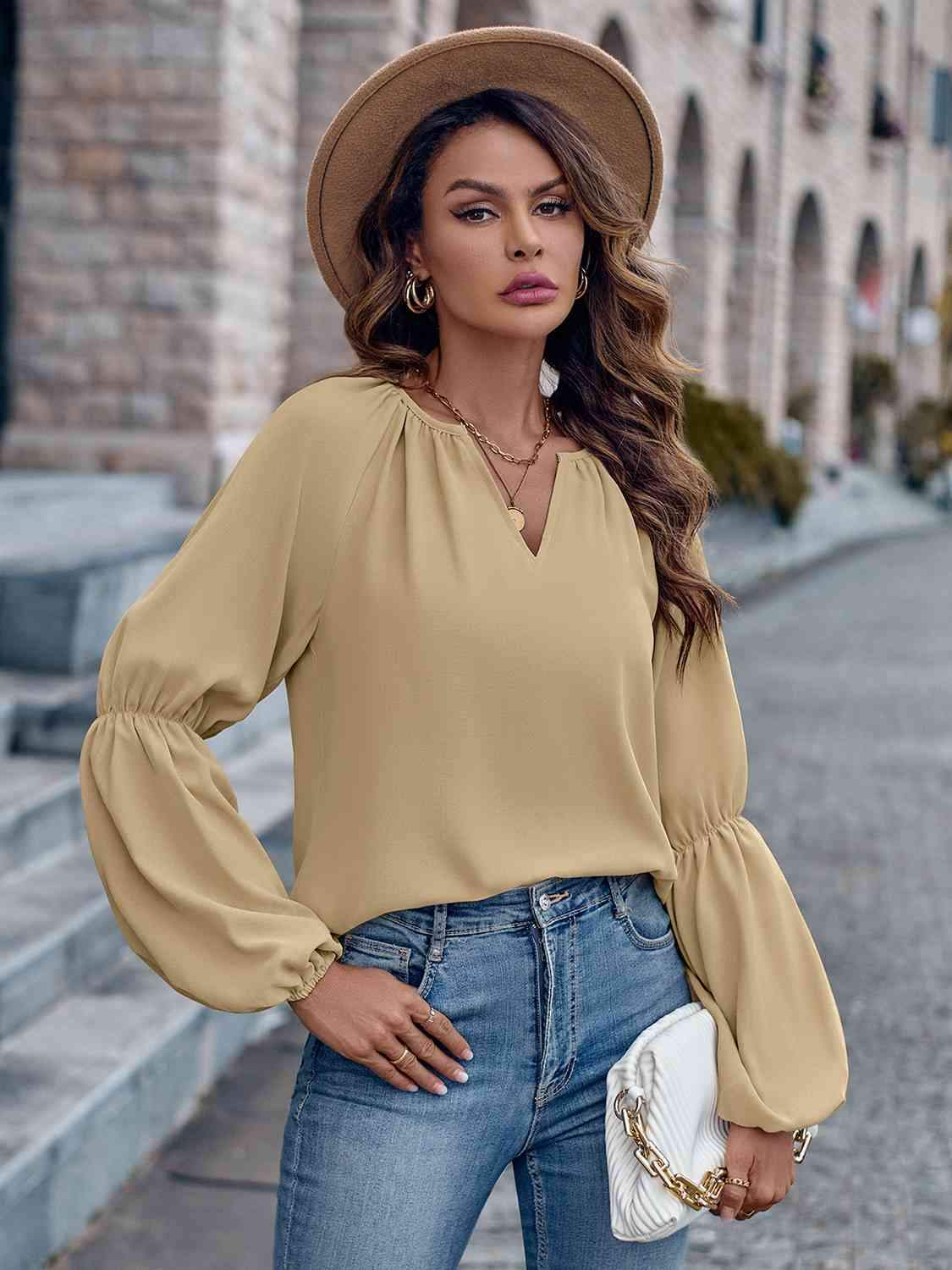 Notched Neck Long Sleeve Top Blouses - Tophatter Daily Deals