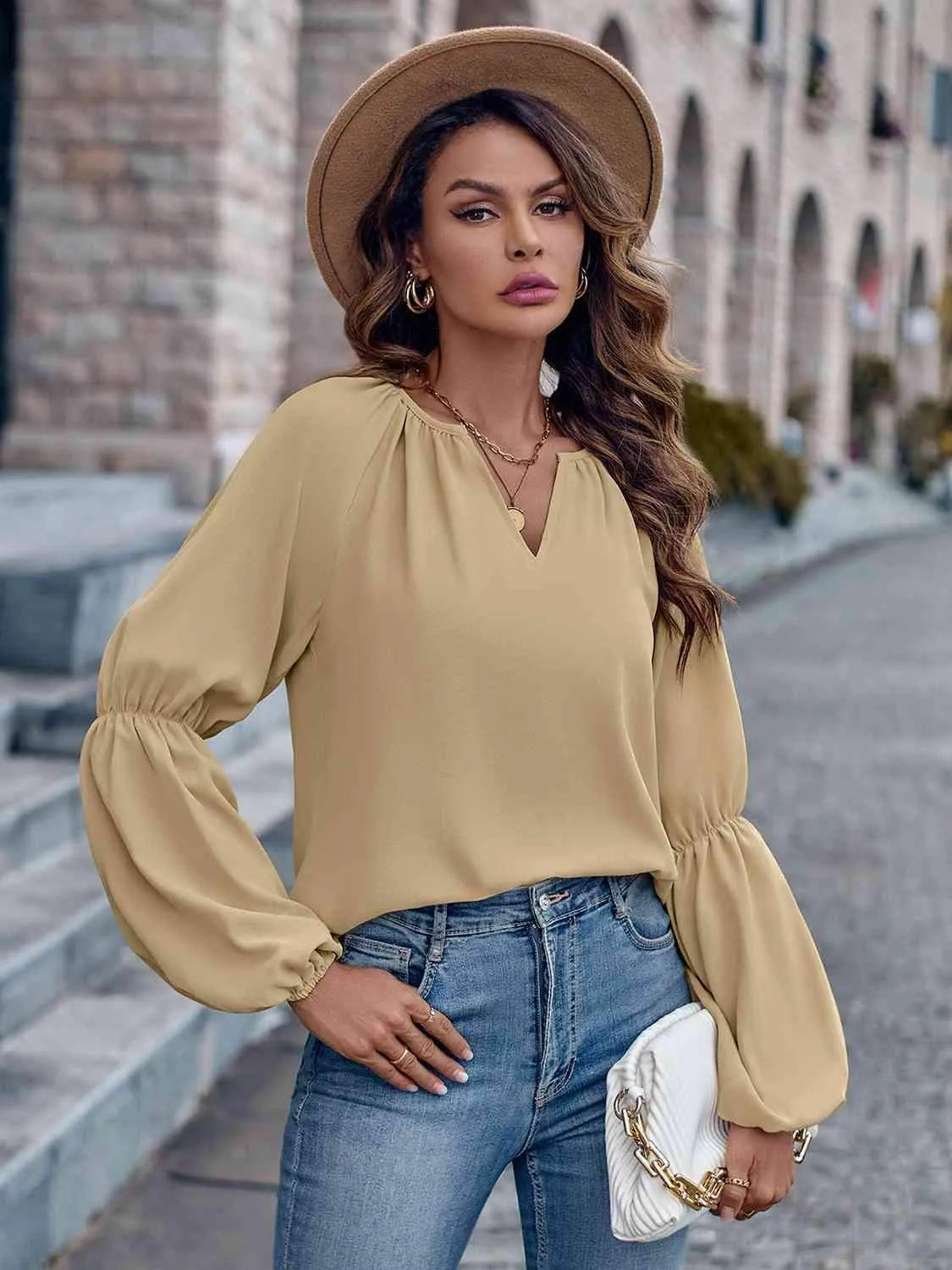 Notched Neck Long Sleeve Top Blouses - Tophatter Daily Deals