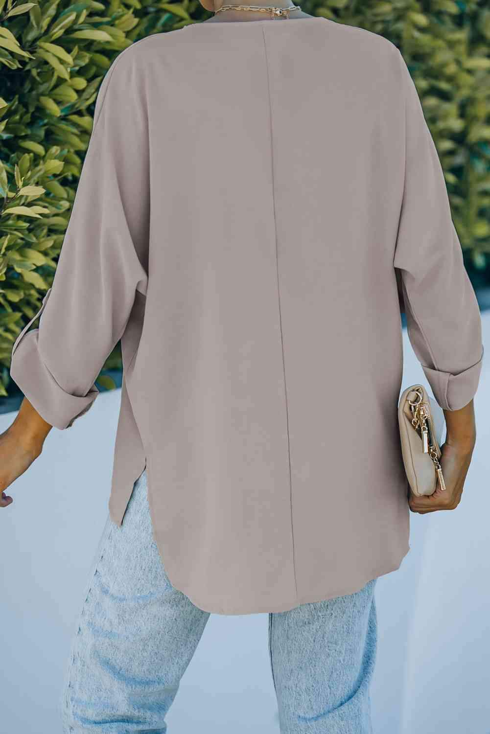 V-Neck Roll-Tab Sleeve Blouse Blouses - Tophatter Daily Deals