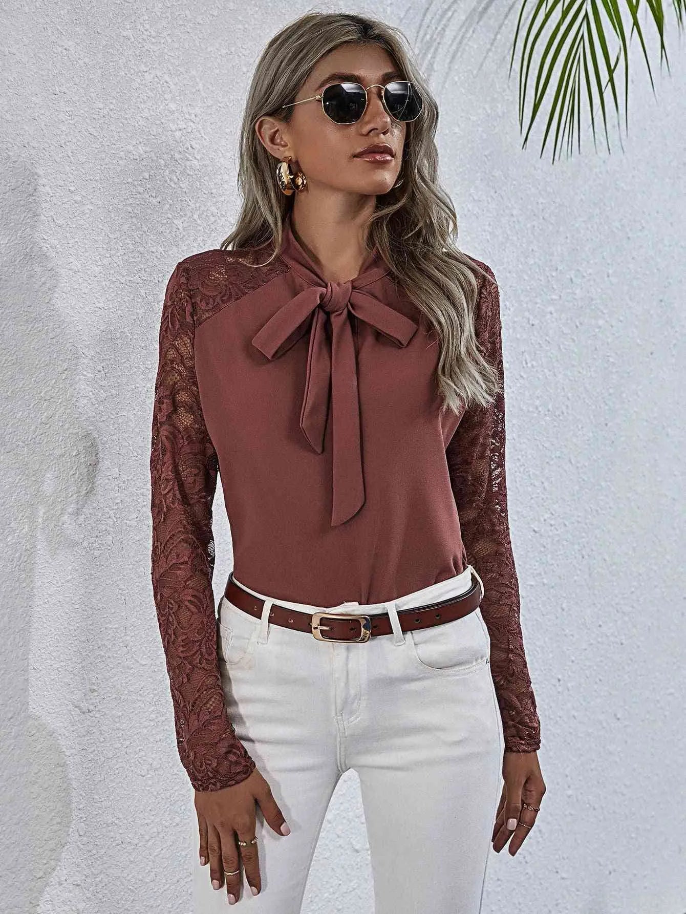 Tie Neck Spliced Lace Long Sleeve Top Blouses - Tophatter Daily Deals