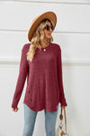 Round Neck Ribbed Long Sleeve T-Shirt Cerise Women's T-Shirts - Tophatter Daily Deals