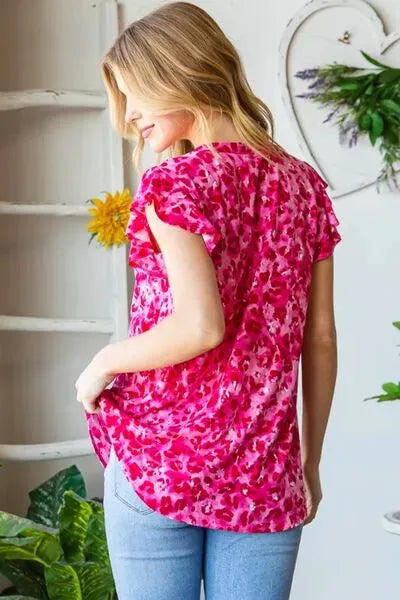 Heimish Full Size Printed Ruffle Cap Sleeve Top Blouses - Tophatter Daily Deals