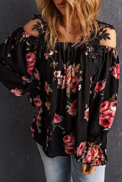 Floral Lace Cold-Shoulder Flounce Sleeve Blouse Blouses - Tophatter Daily Deals