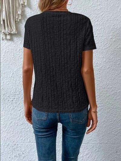 Eyelet Round Neck Short Sleeve T-Shirt Women's T-Shirts - Tophatter Daily Deals