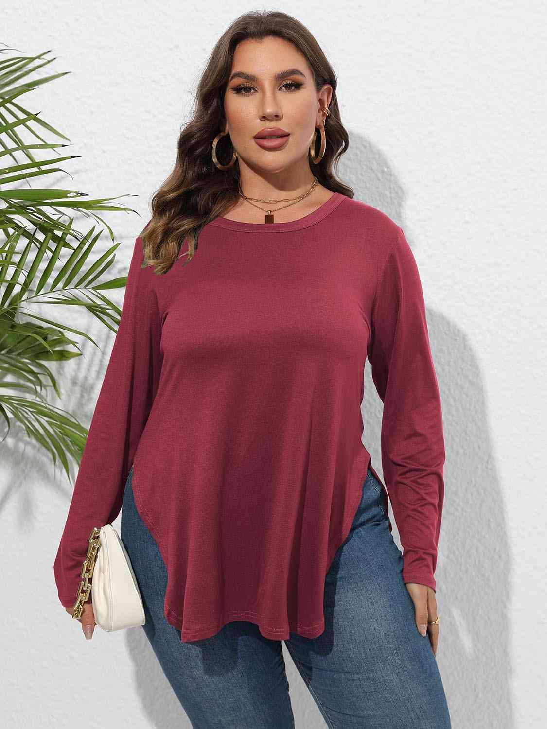 Plus Size Round Neck Long Sleeve Slit T-Shirt Deep Red Women's T-Shirts - Tophatter Daily Deals