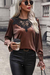 Lace Detail Round Neck Smocked Flounce Sleeve Blouse Blouses - Tophatter Daily Deals