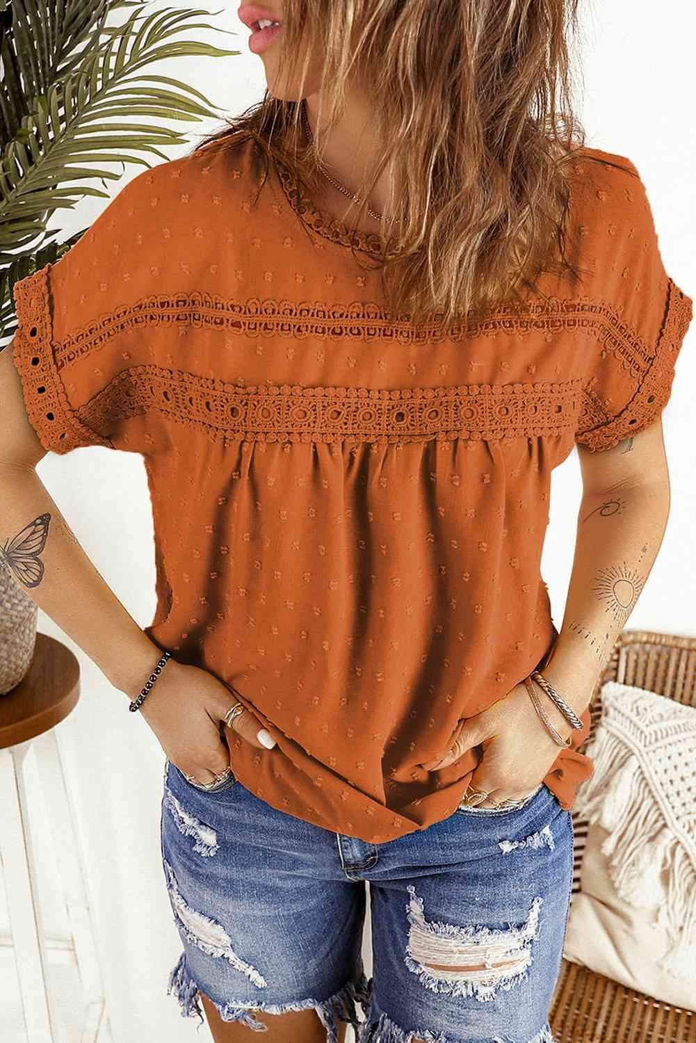 Swiss Dot Decorative Button Short Sleeve Blouse Orange Blouses - Tophatter Daily Deals