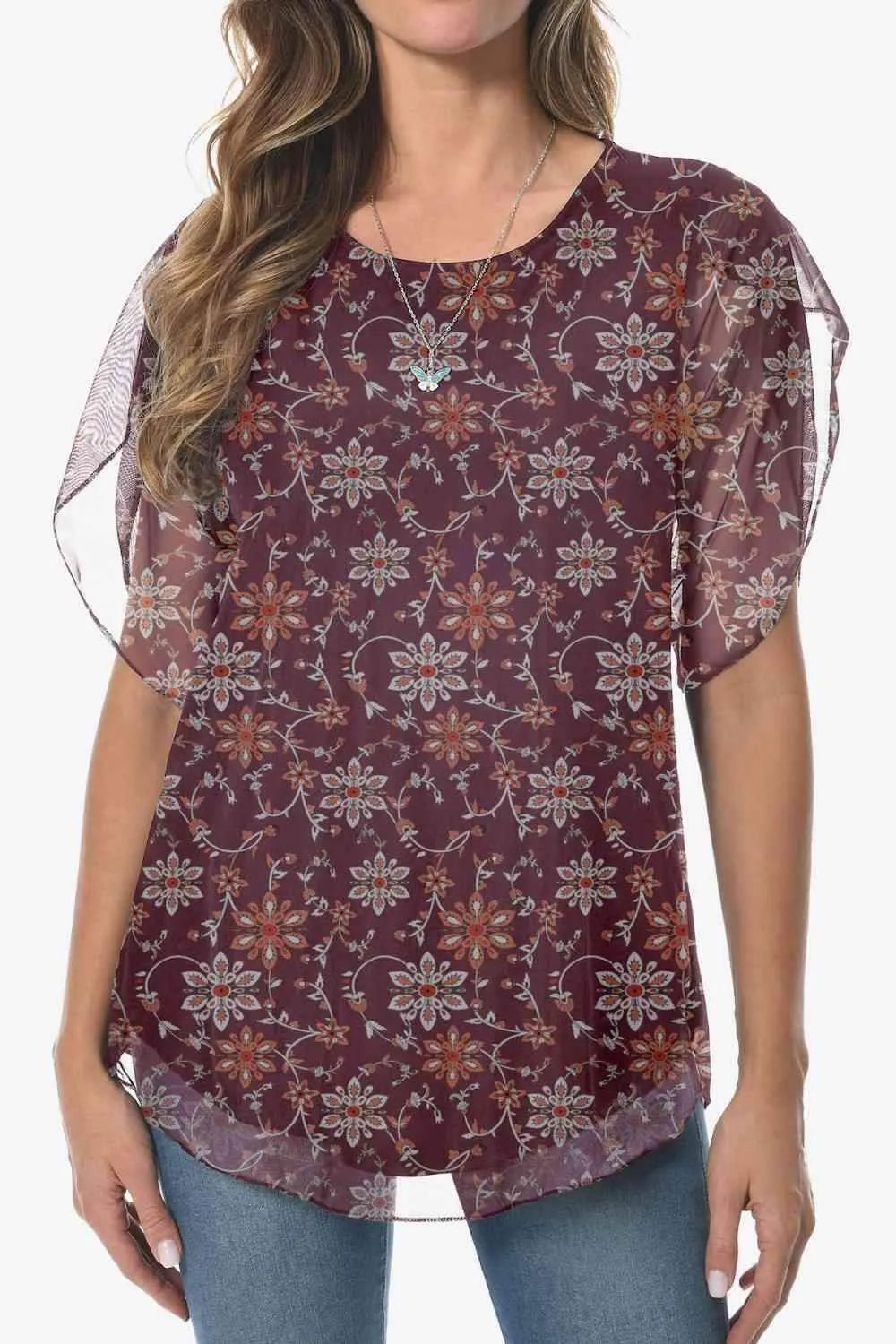 Printed Round Neck Curved Hem Blouse Blouses - Tophatter Daily Deals
