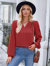 Notched Neck Puff Sleeve Blouse Brick Red Blouses - Tophatter Daily Deals