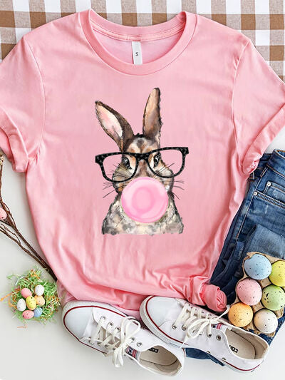 Rabbit Round Neck Short Sleeve T-Shirt Dusty Pink Women's T-Shirts - Tophatter Daily Deals