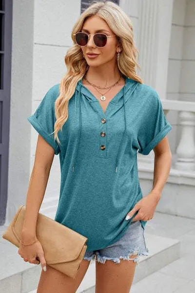 Half Button Drawstring Short Sleeve Hooded T-Shirt Teal Women's T-Shirts - Tophatter Daily Deals