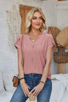 Decorative Button Eyelet V-Neck Short Sleeve T-Shirt Women's T-Shirts - Tophatter Daily Deals