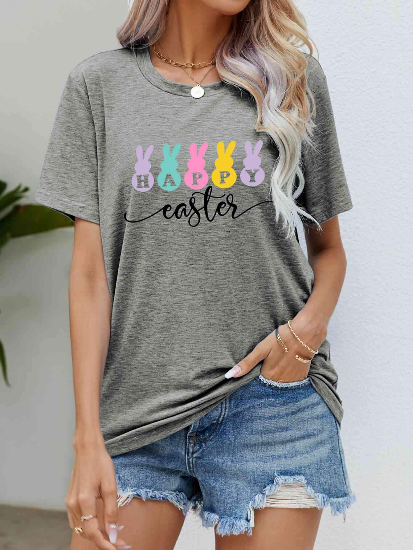 HAPPY EASTER Graphic Round Neck T-Shirt Heather Gray Women's T-Shirts - Tophatter Daily Deals