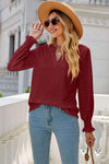 Eyelet Notched Lantern Sleeve T-Shirt Women's T-Shirts - Tophatter Daily Deals