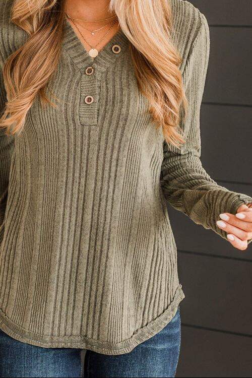 Ribbed Buttoned Long Sleeve Blouse Blouses - Tophatter Daily Deals