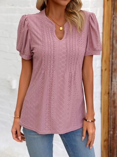 Eyelet Notched Puff Sleeve T-Shirt Women's T-Shirts - Tophatter Daily Deals