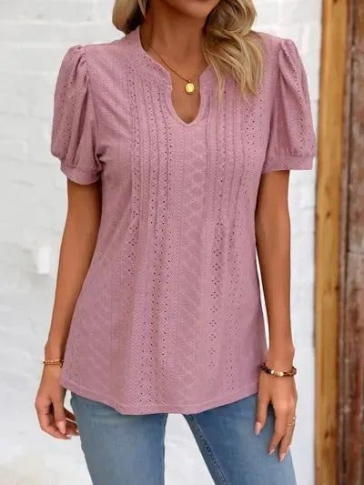 Eyelet Notched Puff Sleeve T-Shirt Women's T-Shirts - Tophatter Daily Deals