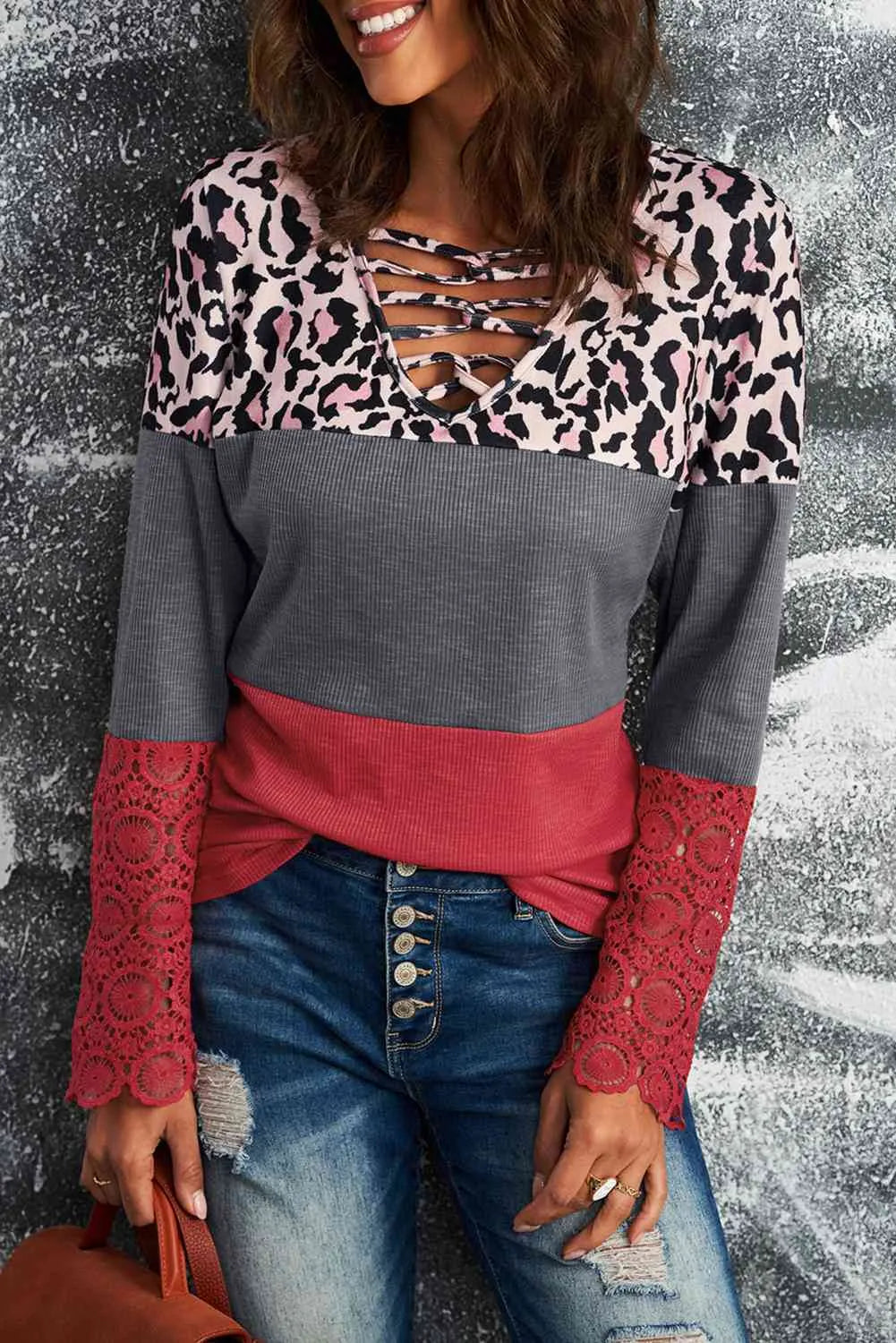 Leopard Print Lace-Up Spliced Lace Top Blouses - Tophatter Daily Deals