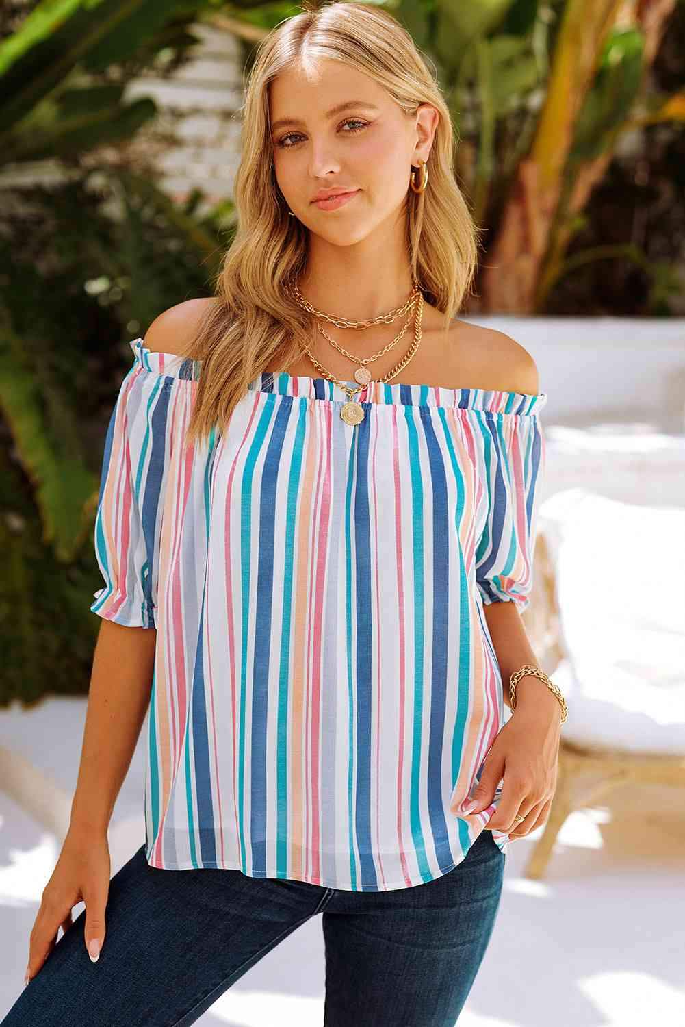 Rainbow Stripe Off-Shoulder Frilled Flounce Sleeve Blouse Multicolor Blouses - Tophatter Daily Deals