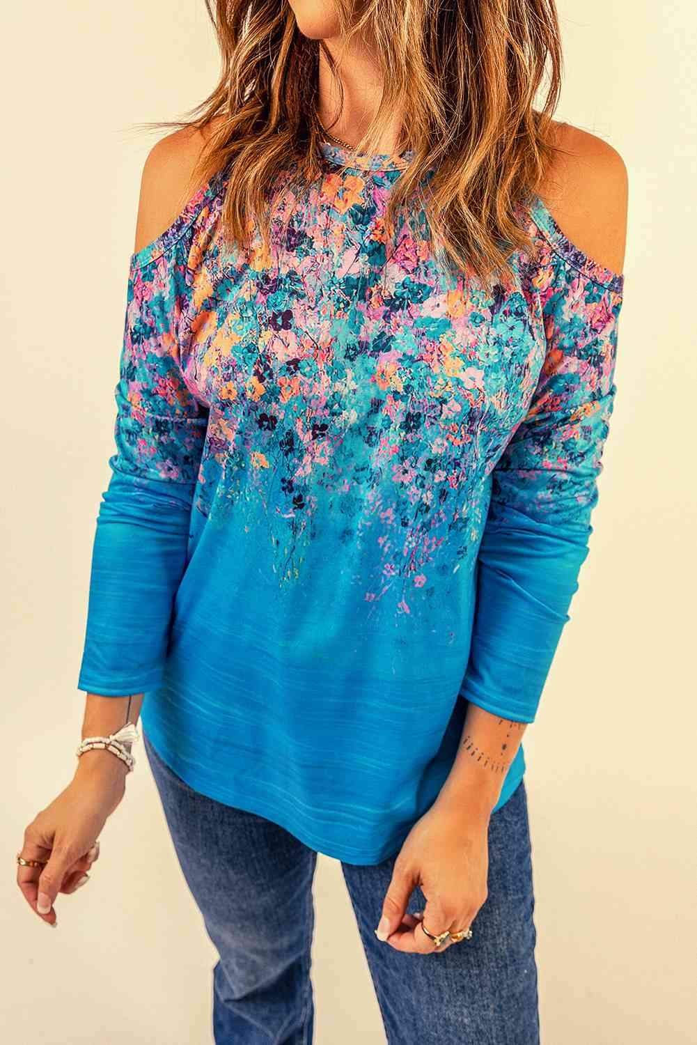 Floral Cold-Shoulder Long Sleeve Round Neck Top Sky Blue S Blouses - Tophatter Daily Deals