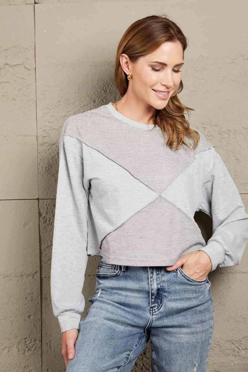 Double Take Exposed Seam Round Neck Cropped Top Blouses - Tophatter Daily Deals