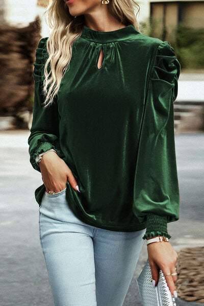 Tie Up Mock Neck Velvet Fabric Long Sleeve Blouse Blouses - Tophatter Daily Deals