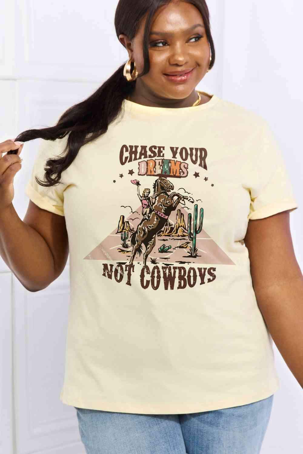 Simply Love Full Size CHASE YOUR DREAMS NOT COWBOYS Graphic Cotton Tee - Tophatter Daily Deals