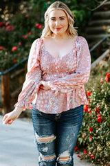 Plus Size Floral Smocked Flounce Sleeve Blouse Pink 4X Blouses - Tophatter Daily Deals