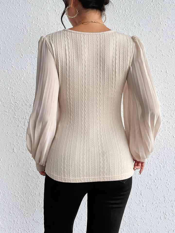 Pleated Puff Sleeve Round Neck Blouse Blouses - Tophatter Daily Deals