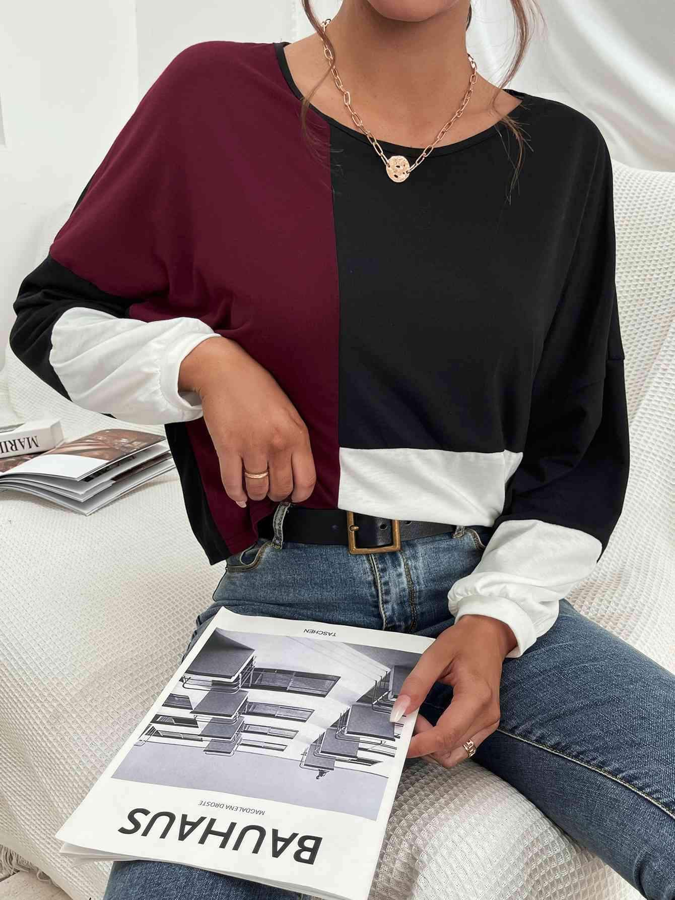 Three-Tone Color Block Dropped Shoulder Long Sleeve Tee Wine Black Blouses - Tophatter Daily Deals