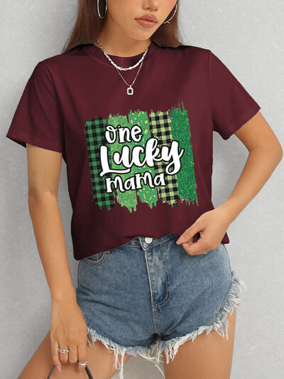 ONE LUCKY MAMA Round Neck T-Shirt Women's T-Shirts - Tophatter Daily Deals