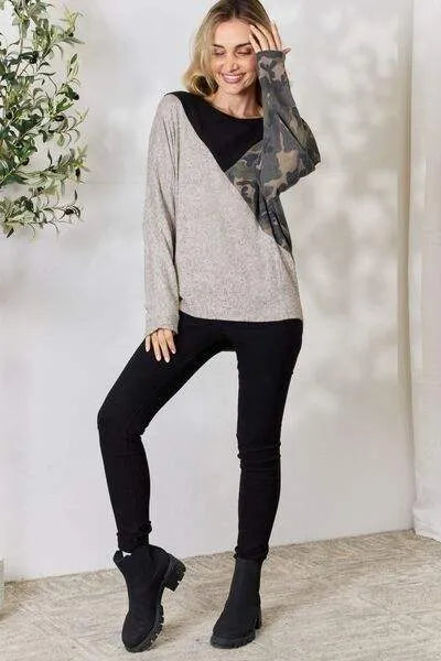 BiBi Brushed Hacci Color Block Long Sleeve Top Blouses - Tophatter Daily Deals